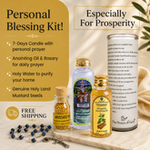 Personal Blessing Kit - Especially For Prosperity: Personalized Candle, Cinnamon Anointing Oil, Holy Water and Mustard Seeds, FREE SHIPPING