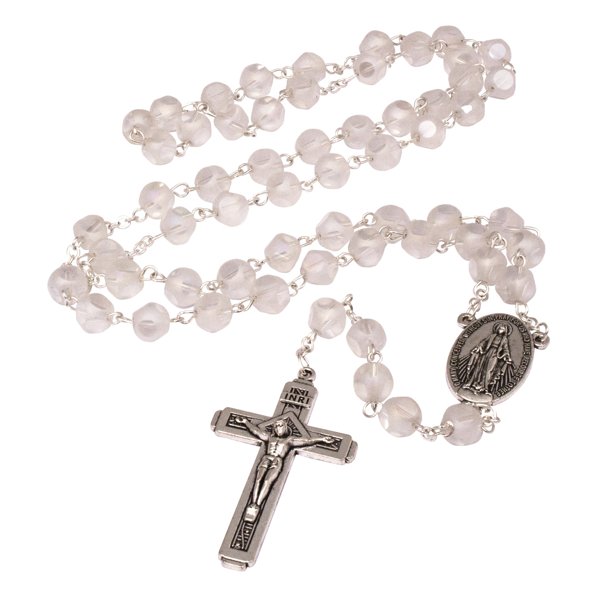 Rosary Prayer Beads INRI White Crystal Beaded Crucifix Necklace Jerusalem - The Peace Of God®