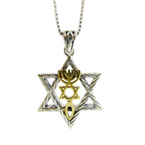 Silver Star Of David Pendant Combined With Messianic Emblem In 9K Gold