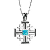 Messianic Pendant, Jerusalem Cross with Blue Opal, Sterling Silver