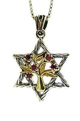 Star of David Pendant with Tree of Life with Garnet Gemstone ,Silver 925 & Gold 9K - The Peace Of God®