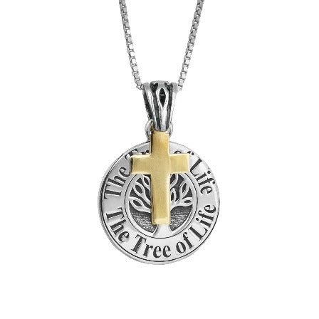 Messianic Pendant, Tree of Life with Cross , 9k gold & silver