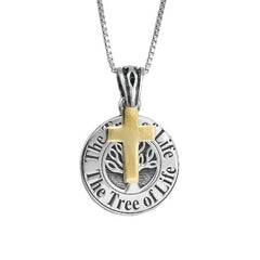 Messianic Pendant, Tree of Life with Cross , 9k gold & silver