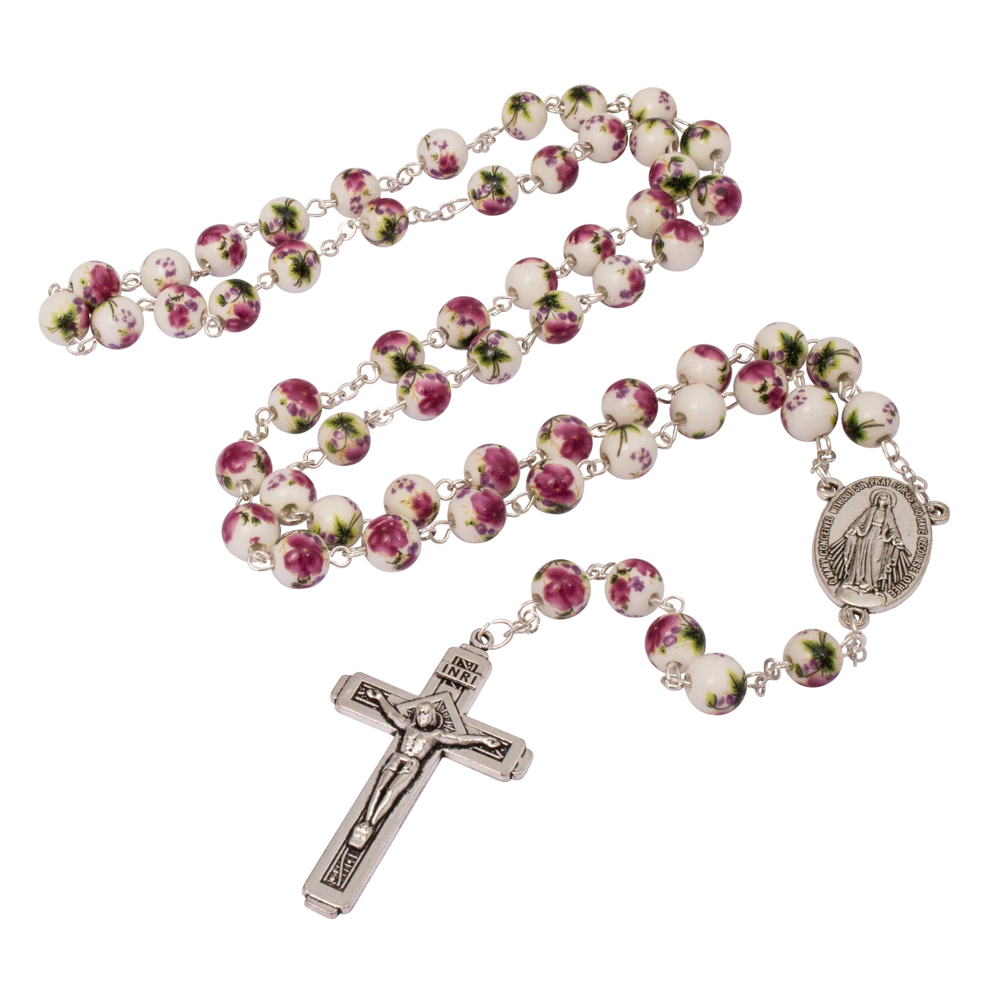 Rosary Prayer Beads INRI White Beaded With purple flowers - The Peace Of God®