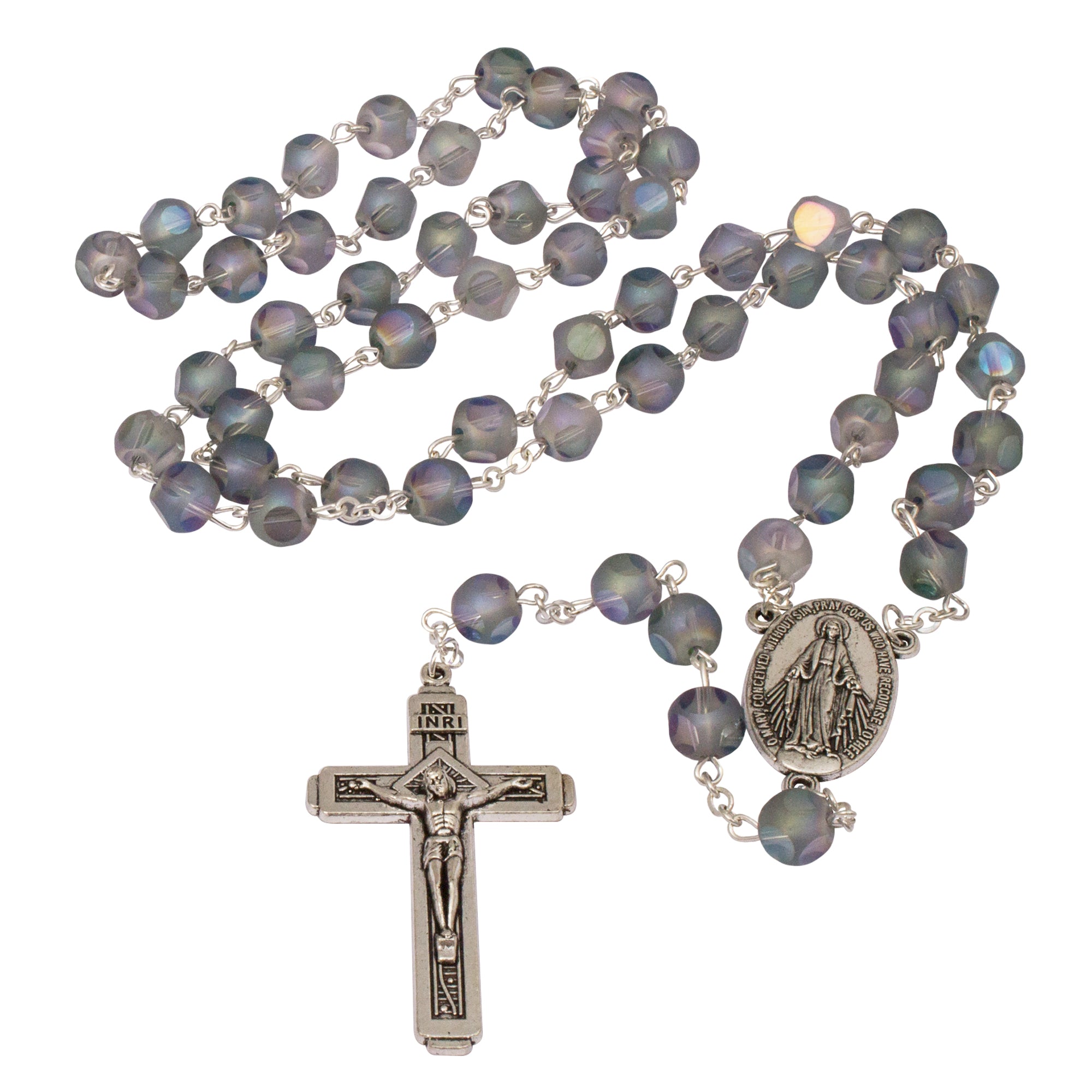 Rosary Prayer Beads INRI, Gray Crystal Beaded Crucifix Necklace Jerusalem - The Peace Of God®
