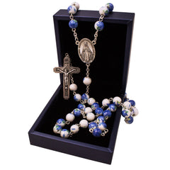Rosary Prayer Beads INRI White Beaded With Blue flowers - The Peace Of God®