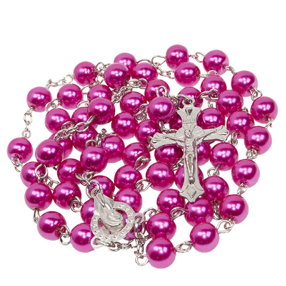 Catholic Red Rose Glass Pearl Rosary Beads Prayer Necklace Crucifix The Rosary - The Peace Of God®