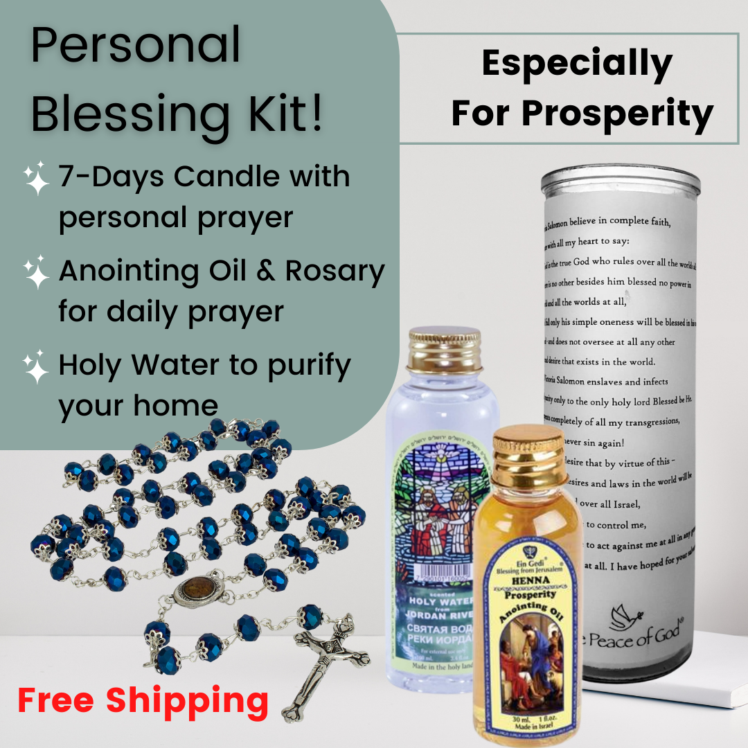 Personal Blessing Kit - Especially For Prosperity: Personalized Candle, Henna Prosperity Anointing Oil, Holy Water and Rosary Beads, FREE SHIPPING - The Peace Of God®