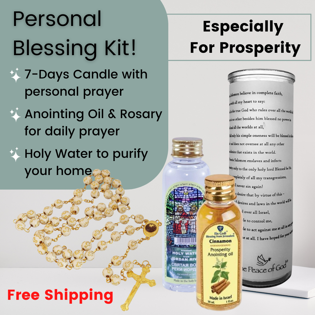 Personal Blessing Kit - Especially For Prosperity: Personalized Candle, Cinnamon Anointing Oil, Holy Water and Rosary Beads, FREE SHIPPING - The Peace Of God®