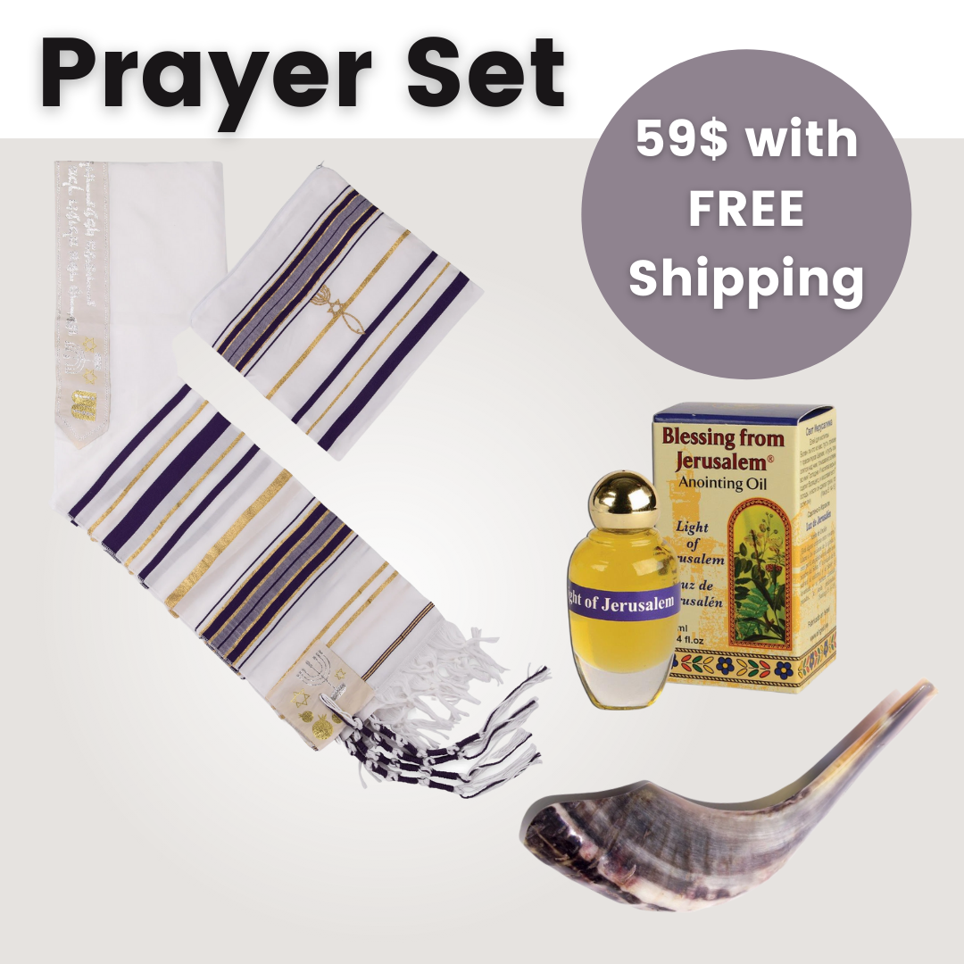Prayer Set - Shofar Ram's Horn 25-29cm, Tallit with Matching Bag in Purple, and Light of Jerusalem 12ml Anointing Oil in FREE SHIPPING - The Peace Of God®