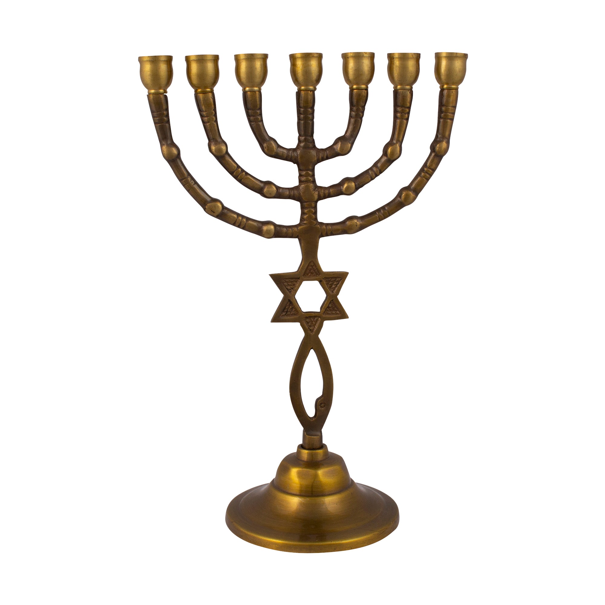Menorah decorated with Messianic Symbol antique bronze finish /9 inches - 22cm - The Peace Of God®