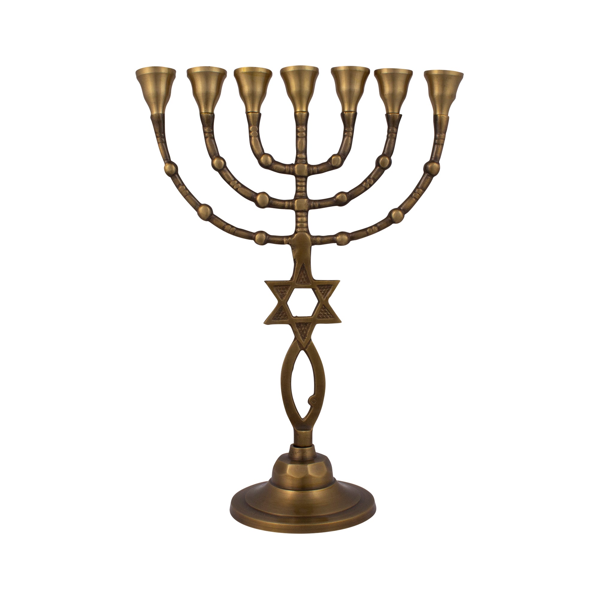 Menorah decorated with Messianic Symbol antique bronze finish /11 inches -28cm - The Peace Of God®