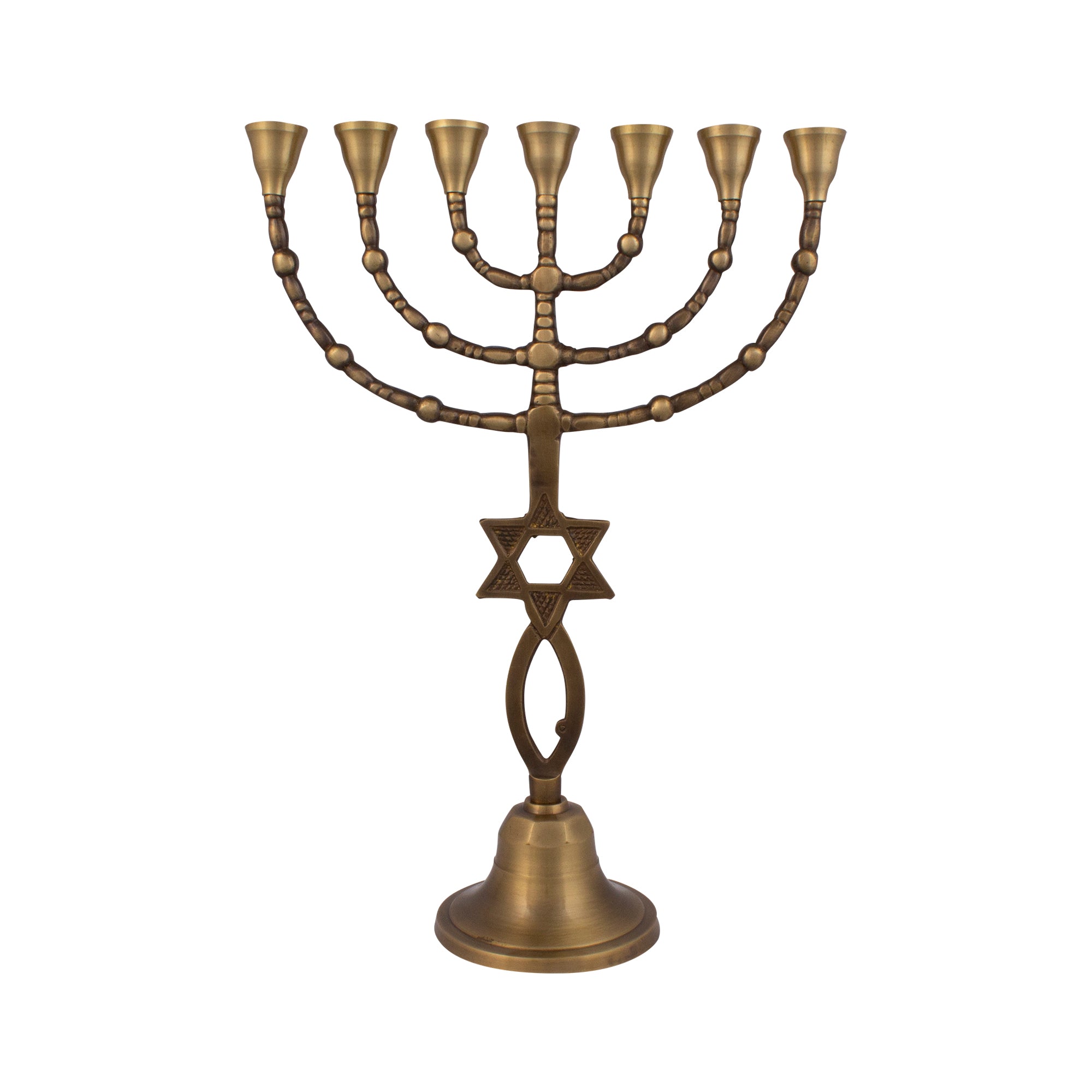 Menorah decorated with Messianic Symbol antique bronze finish /13 inches -33cm - The Peace Of God®