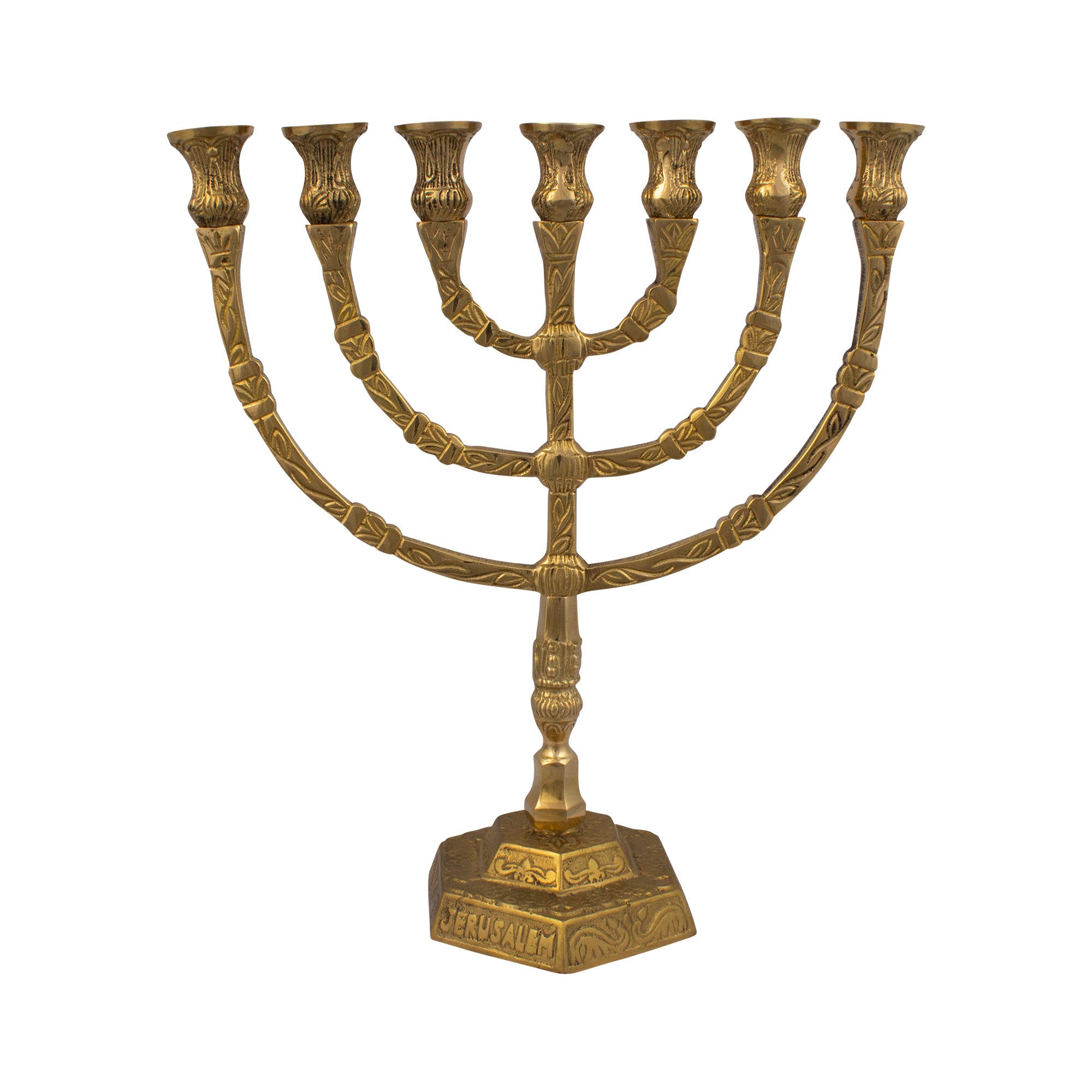 Decorated menorah - shiny brass finish /12 inches - 30cm - The Peace Of God®