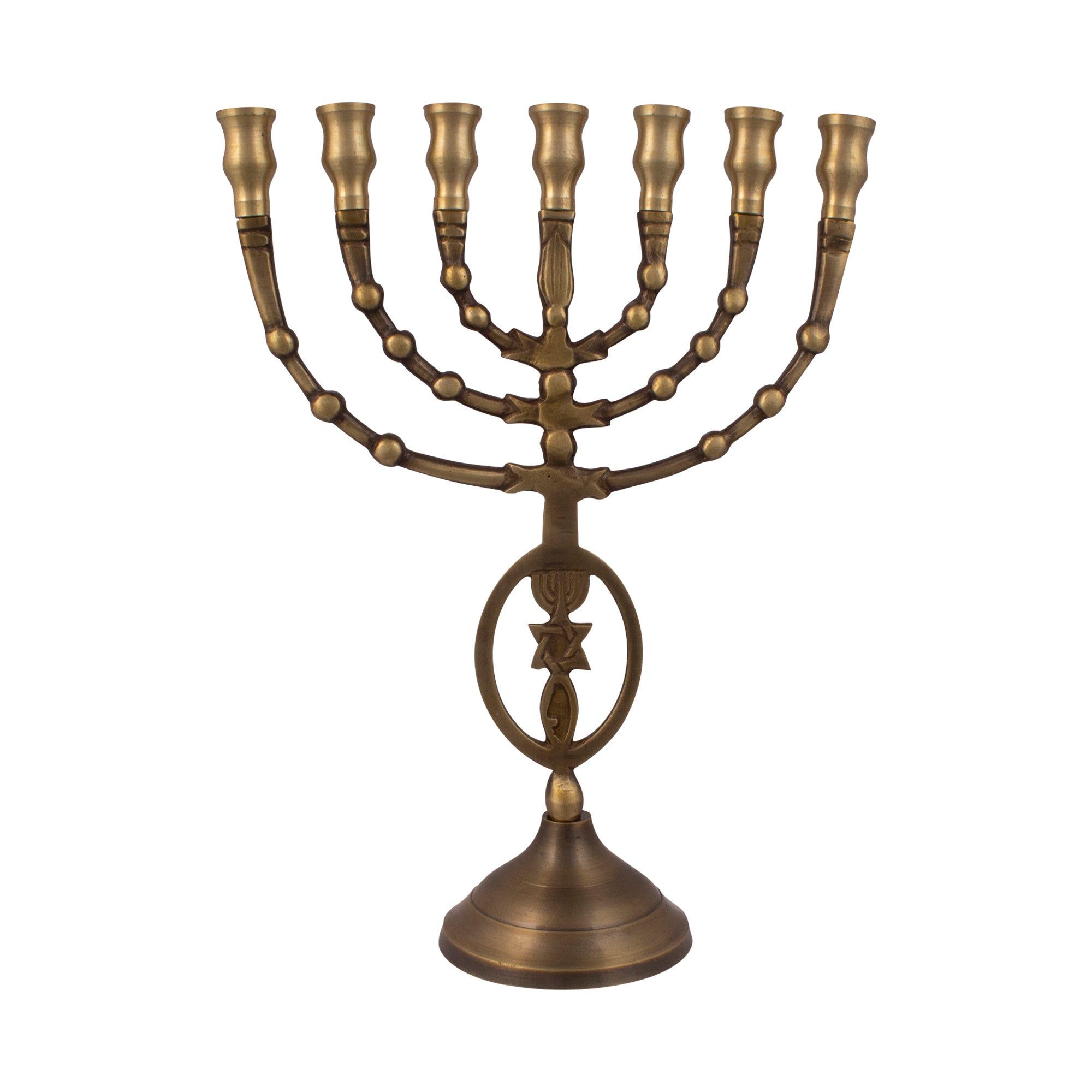 Menorah decorated with Messianic Symbol oval antique bronze finish /10 inches -25cm - The Peace Of God®
