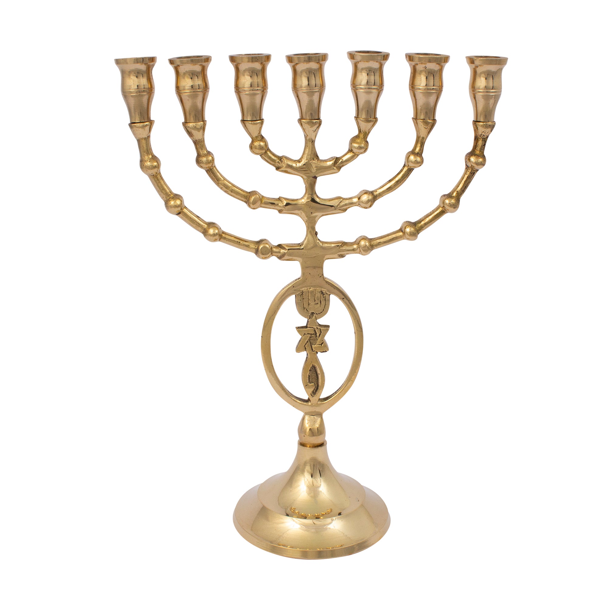 Menorah decorated with Messianic Symbol oval shiny brass finish /8 inches -20cm - The Peace Of God®