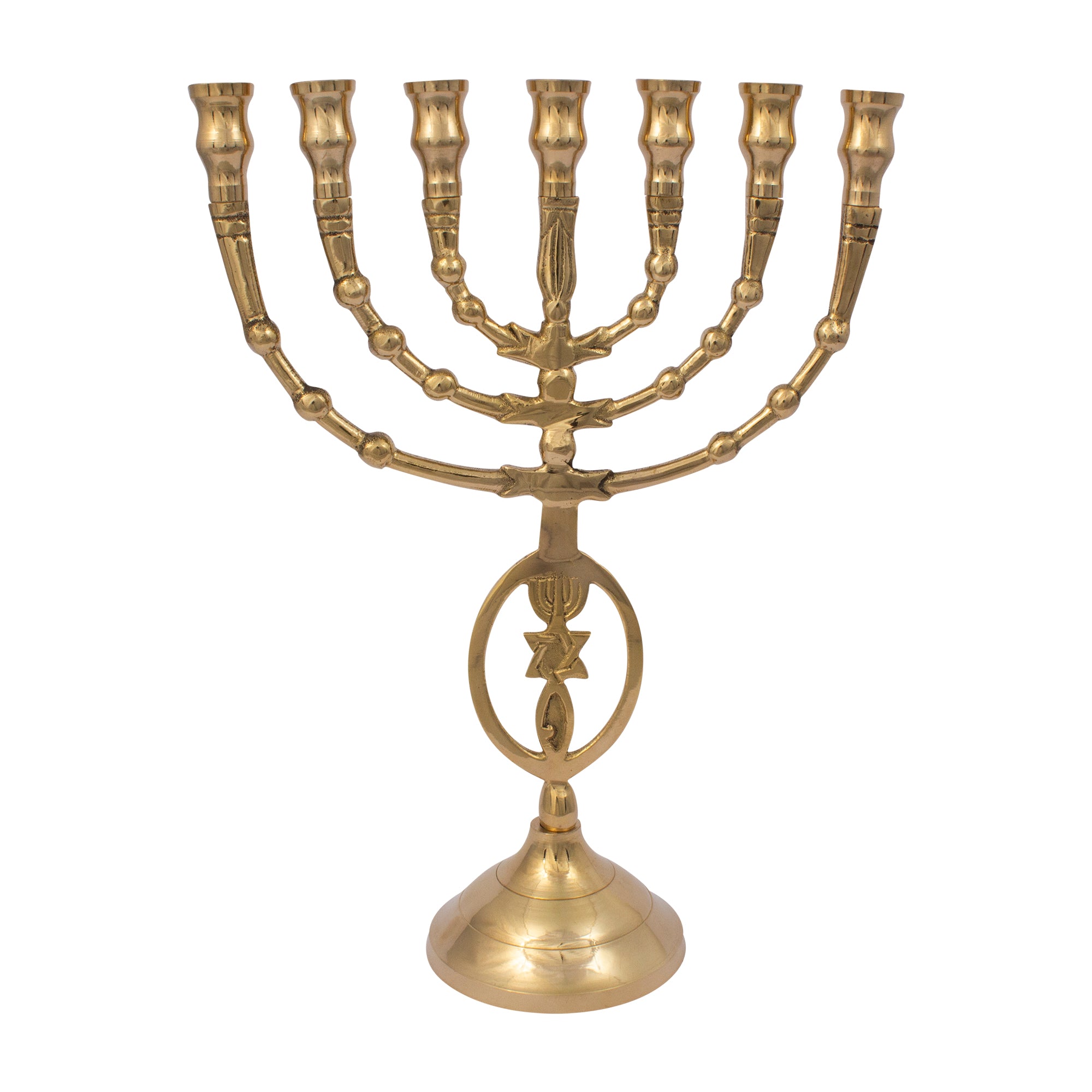 Menorah decorated with Messianic Symbol oval shiny brass finish /10 inches -25cm - The Peace Of God®