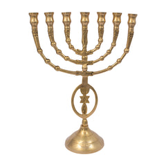 Menorah decorated with Messianic Symbol oval shiny brass finish /10 inches -25cm - The Peace Of God®