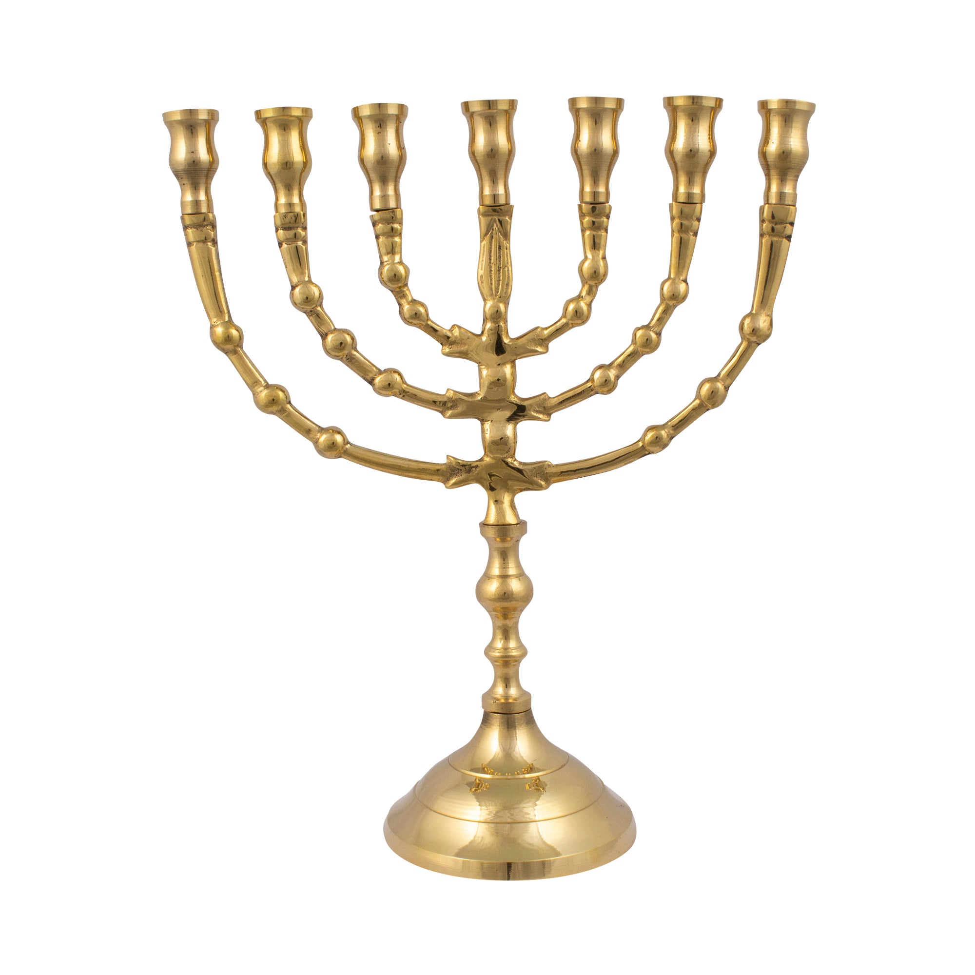 Menorah decorated with balls with a shiny brass finish/9 inches - 23cm - The Peace Of God®