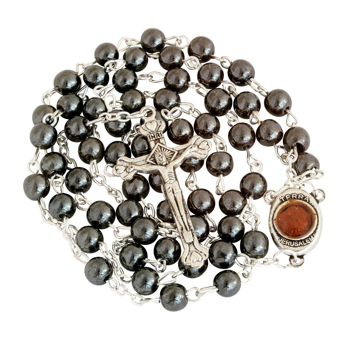 Hematite Rosary Beads Prayer Knot with Crucifix and Holy Soil from Jerusalem - The Peace Of God®