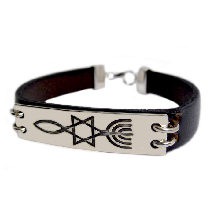 Messianic Bracelet Symbol - Leather Bracelet With A Silver Plate - For Man