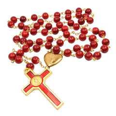 Catholic Red & Gold Plated Rosary Beads Decorated Crucifixion & Icon Locket - The Peace Of God®