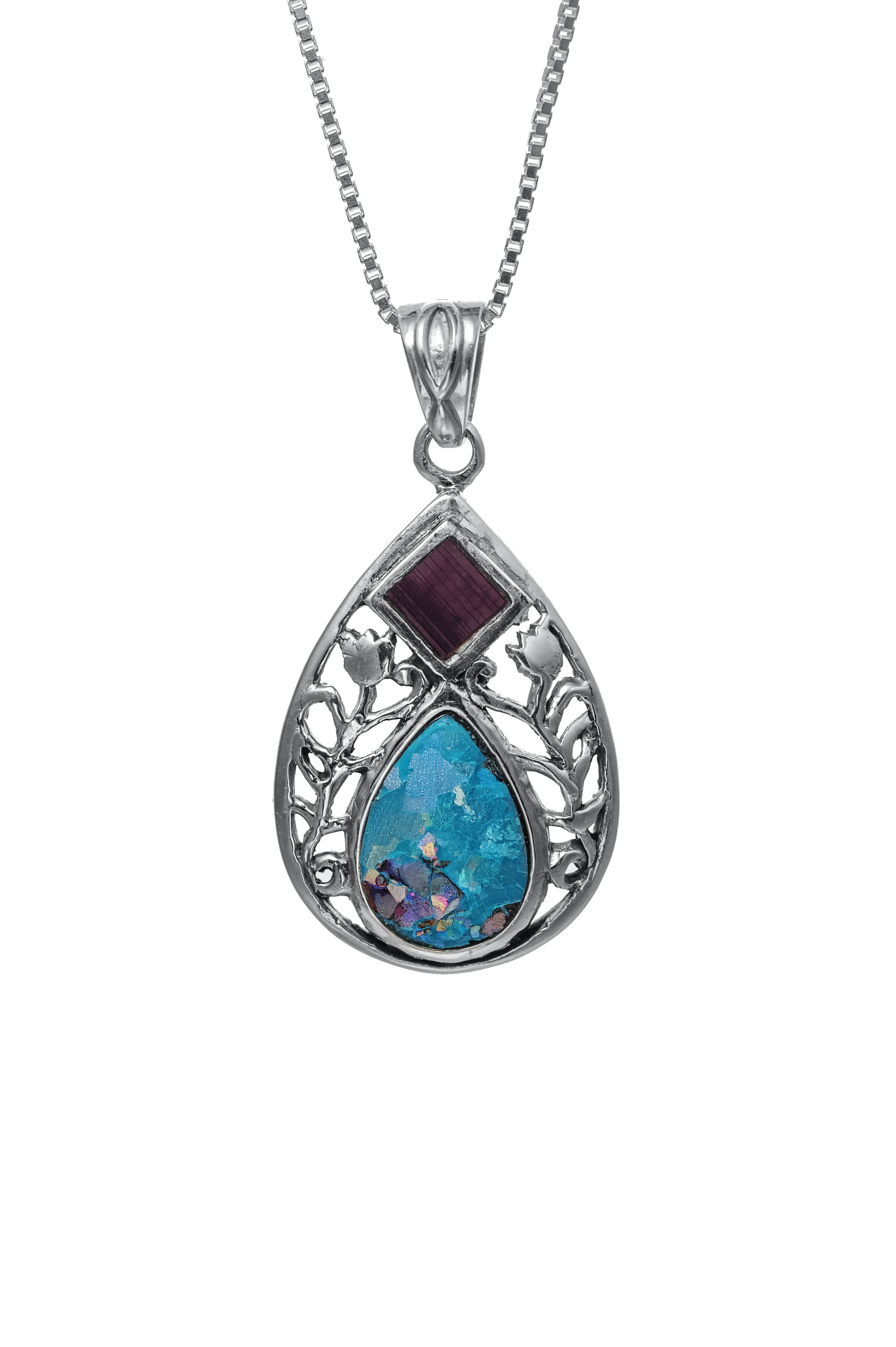 Jerusalem Nano New Testament Silver Pendant - Drop and Floral Decoration Studded with Roman Glass - The Peace Of God®