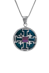 Nano Sim NT Round Silver Pendant - The Jerusalem Cross Studded with Eilat Stone - The Peace Of God®