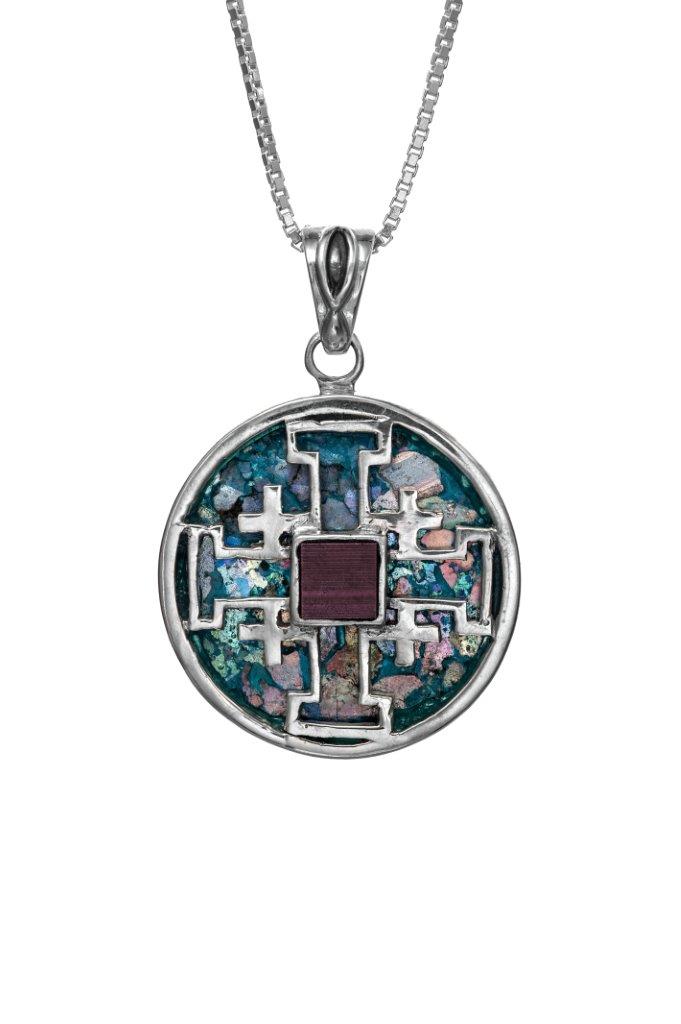 Nano Sim NT Round Silver Pendant - The Jerusalem Cross Studded with Roman Glass - The Peace Of God®