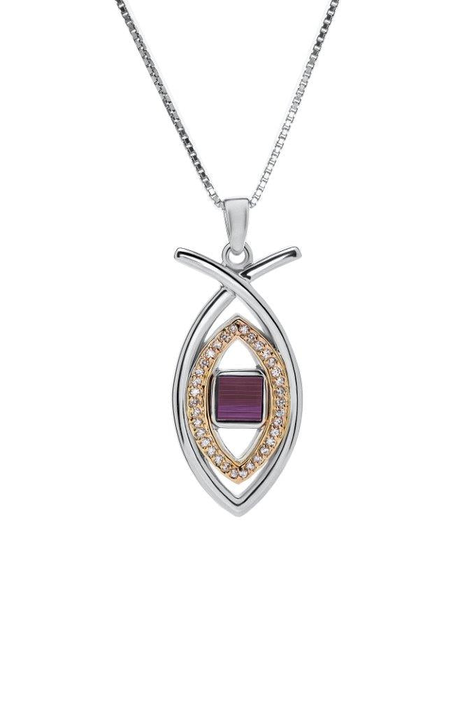 Nano Sim NT Silver and 9K Gold Pendant - Ichthys Studded with Zircons - The Peace Of God®