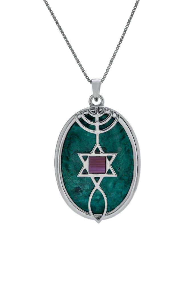 Nano Sim NT Silver Pendant - The Messianic symbol Studded with Eilat Stone - The Peace Of God®