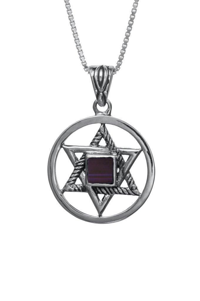 Nano Bible Sim Silver Round Framed Pendant - Star of David with Rope Finish - The Peace Of God®
