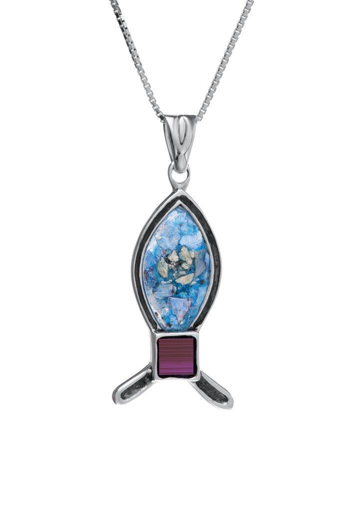 Nano Sim Bible Silver Pendant - Ichthys studded with Roman Glass - The Peace Of God®