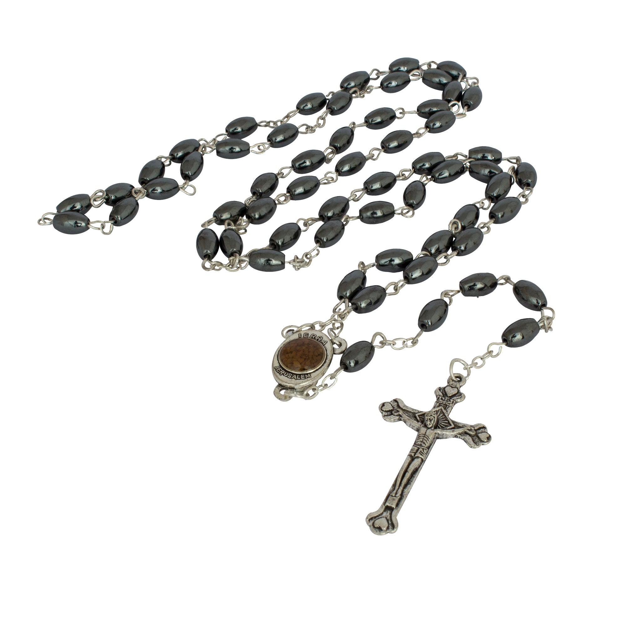 Hematite Rosary Beads Prayer Knot w/Crucifix and Holy Soil from Jerusalem - The Peace Of God®