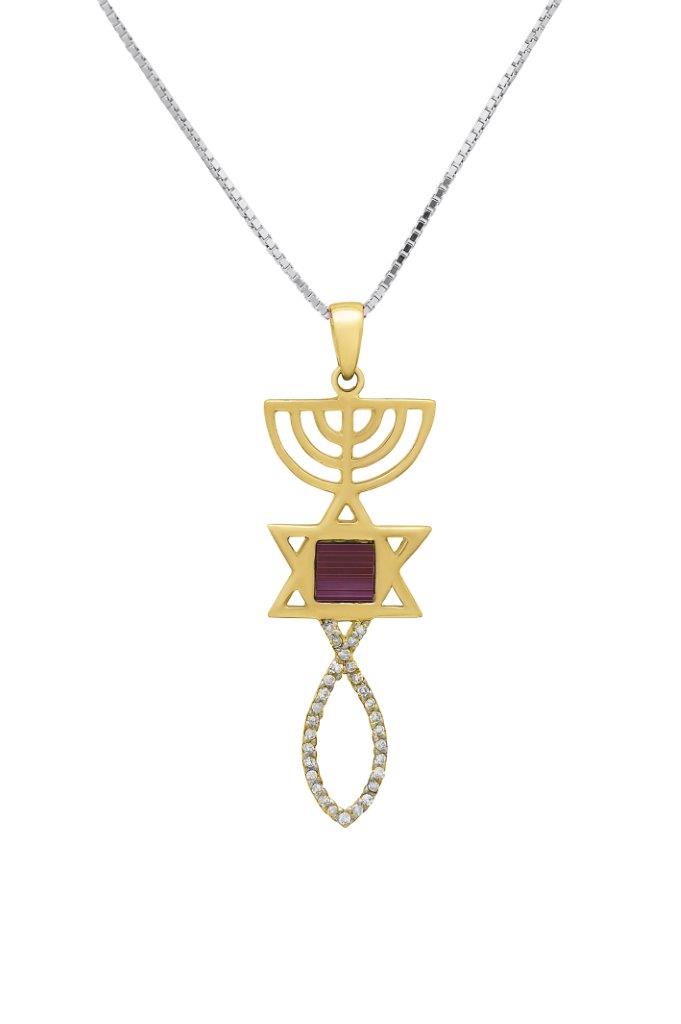 Nano Sim OB + NT 14K Gold Pendant Studded with 30 Diamonds in Messianic Symbol Design - The Peace Of God®