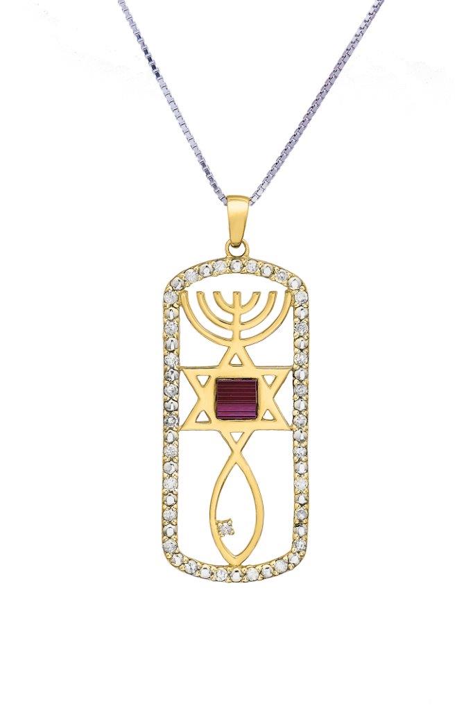 Nano Sim OB + NT 14K Gold Pendant Studded with 26 Diamonds + 1 Large Diamond in Messianic Symbol Design - The Peace Of God®
