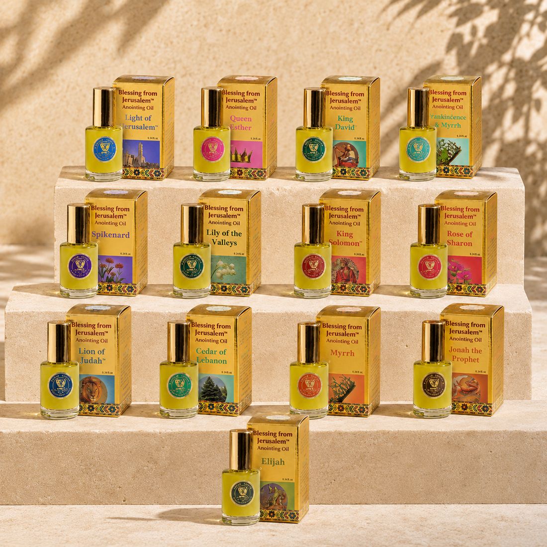 Anointing oils on warm stone plinths