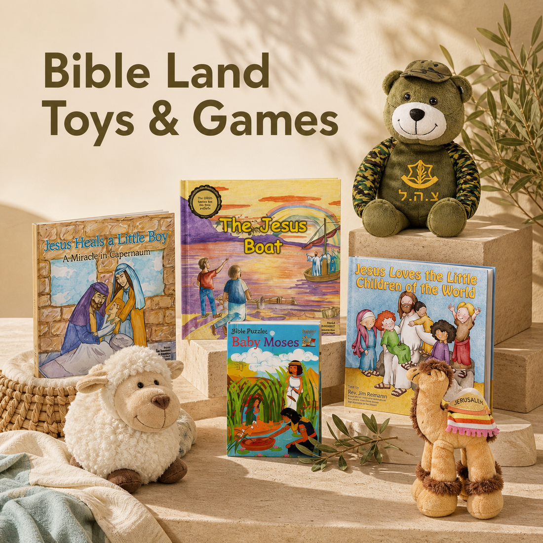 Bible Land toys and games with children’s Bible books, plush animals, and puzzles displayed on travertine stone podiums with warm natural light