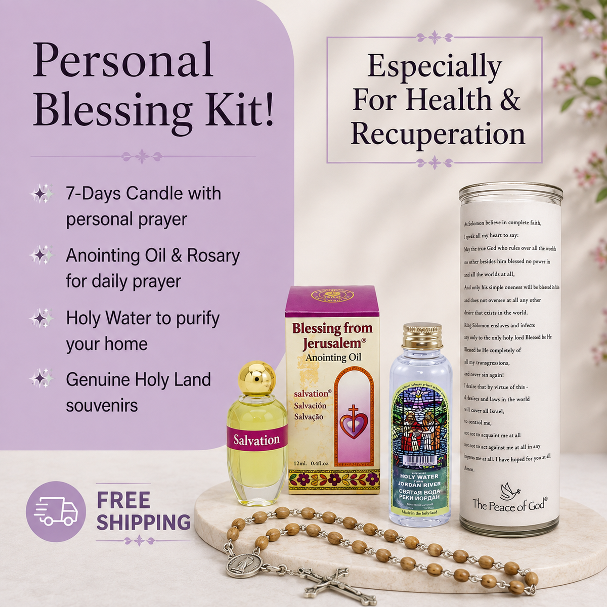 Personal Blessing Kit - Especially For Prosperity: Personalized Candle, Salvation Anointing Oil, Holy Water and Rosary Beads, FREE SHIPPING