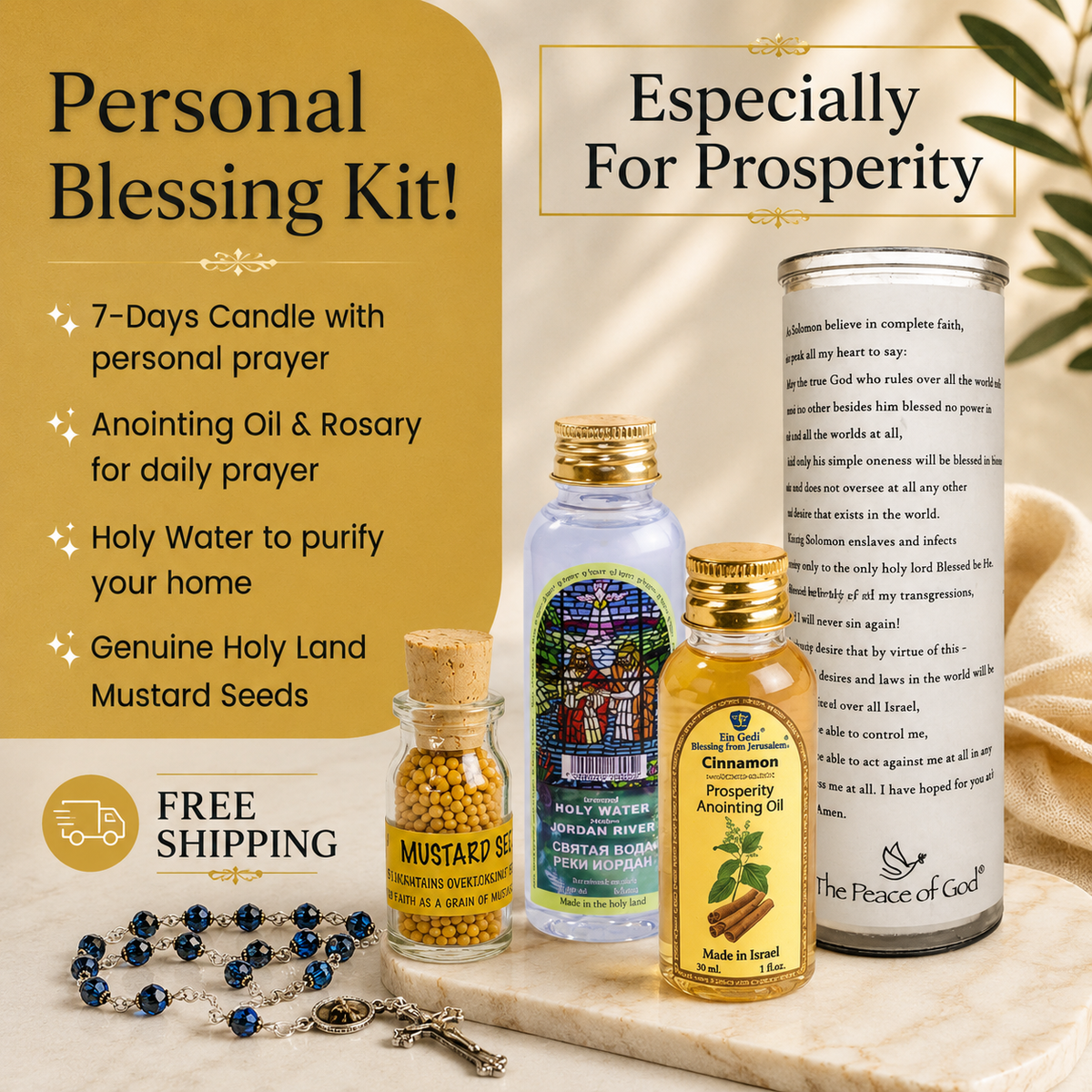 Personal Blessing Kit - Especially For Prosperity: Personalized Candle, Cinnamon Anointing Oil, Holy Water and Mustard Seeds, FREE SHIPPING