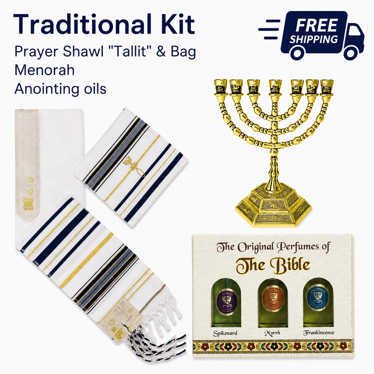 Israeli Traditional Set -  Talits -  Anointing Oil - Menorah . Free Shipping