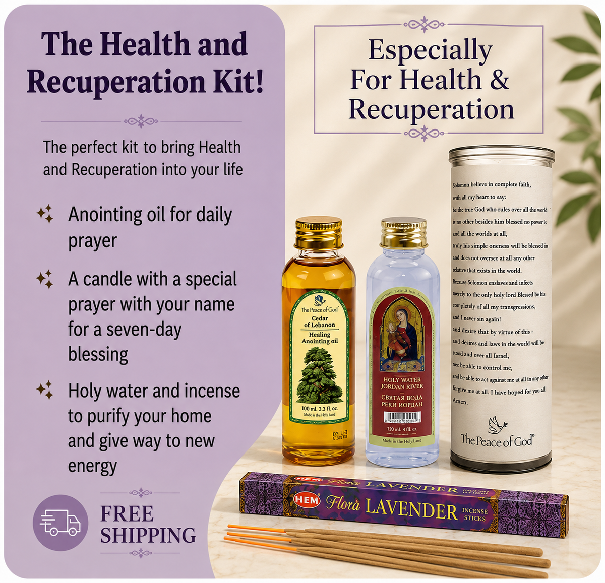 El Kit de Salud y Recuperación - Vela Personalizada, Aceite de Unción de Cedro del Líbano, Agua Bendita e Incienso de Lavanda ENVÍO GRATIS