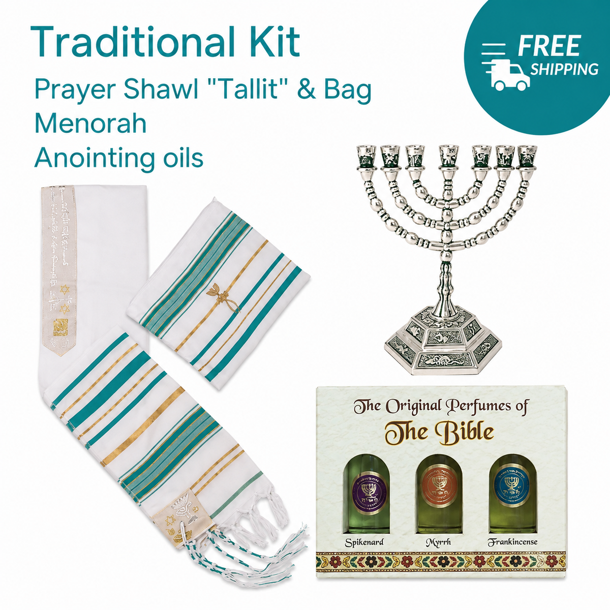 Israeli Traditional Set -  Talits -  Anointing Oil - Menorah . Free Shipping
