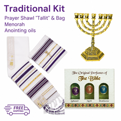 Conjunto tradicional israelí - Talits - Aceite de unción - Menorah. Envío gratis