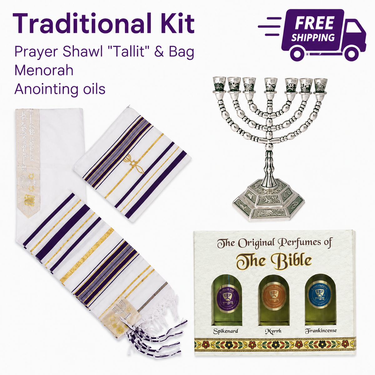 Israeli Traditional Set -  Talits -  Anointing Oil - Menorah . Free Shipping