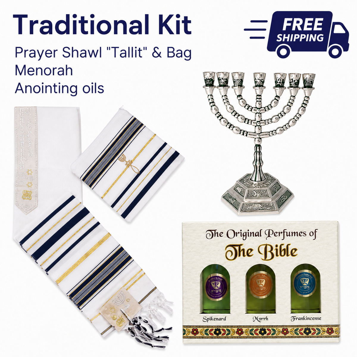 Conjunto tradicional israelí - Talits - Aceite de unción - Menorah. Envío gratis