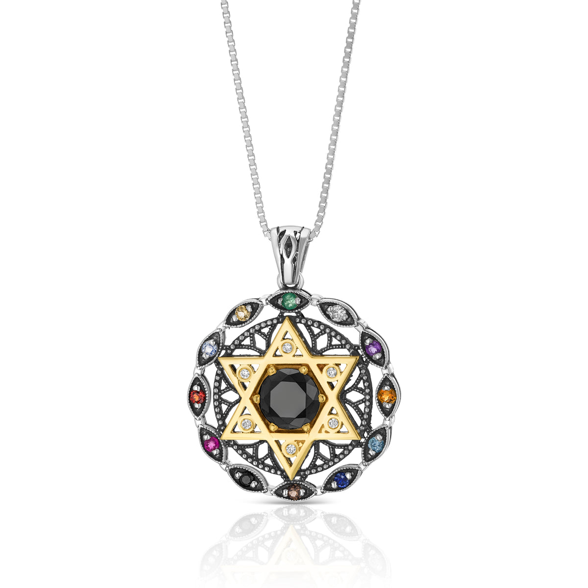 Filigree Pendant Hoshen, Star of David "Twelve Tribes"Silver & 9K Gold - The Peace Of God®