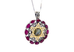 Silver pendant with a gold Star of David inlaid with ruby stones and a central Labradorite stone. - The Peace Of God