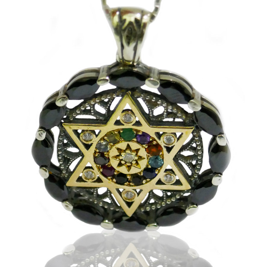 Filigree Pendant Hoshen, Star of David "Twelve Tribes"Silver & 9K Gold - The Peace Of God®