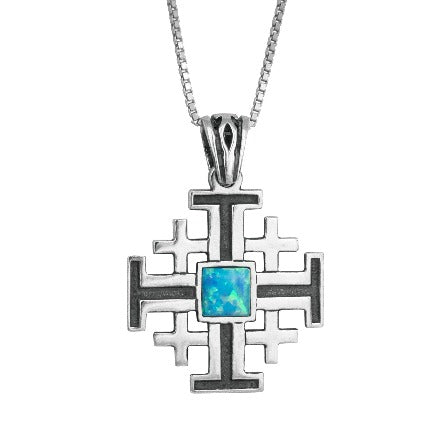 Messianic Pendant, Jerusalem Cross with Blue Opal, Sterling Silver